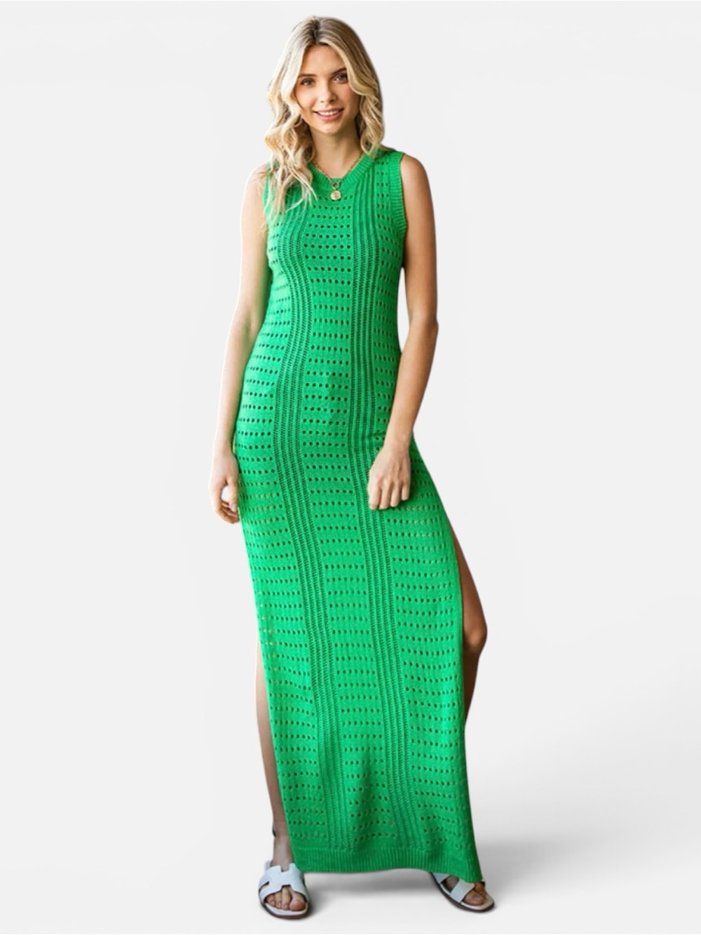7066. Green Sleeveless Knit Maxi Dress